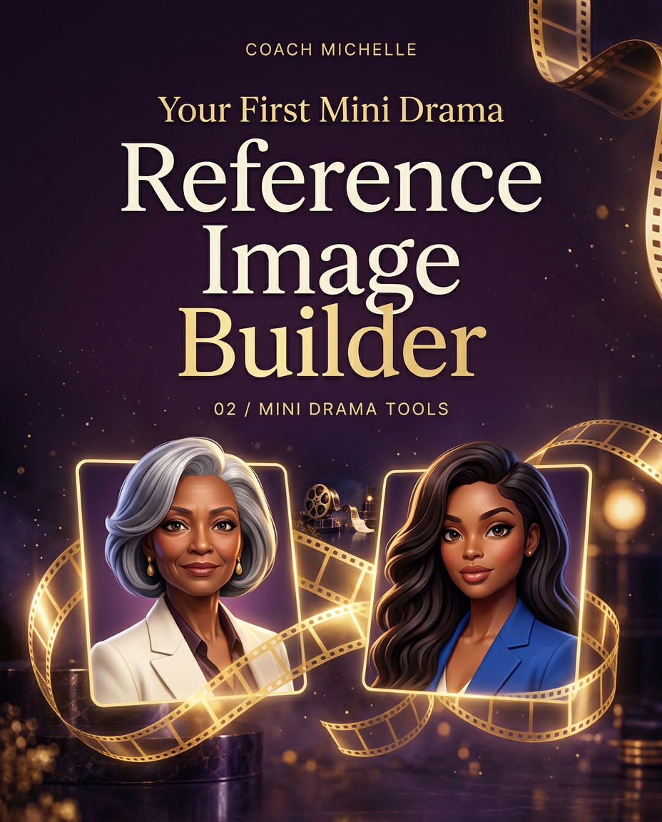 Your First Mini Drama: Reference Image Builder — magical cinematic cover featuring African American animated characters