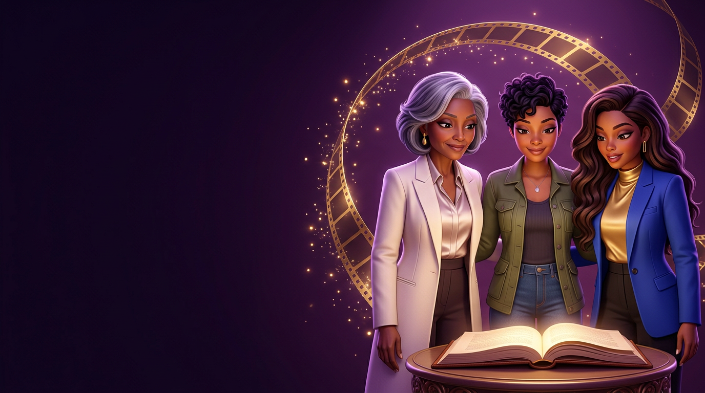 Magical animated reimaginings of Naomi, Nia, and Sierra gathered around a glowing storybook